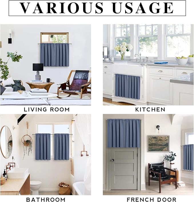 RYB HOME Short Blackout Curtains for Bedroom, Room Darkening Insulated Summer Heat Light UV Blocking Energy Saving Drapes for Nursery, Width 34 by Length 48, Stone Blue, Set of 2