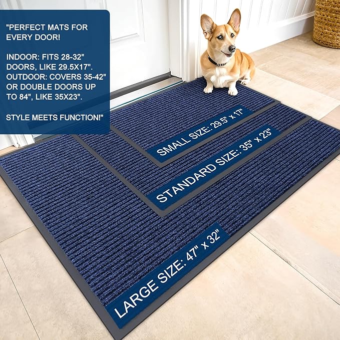 OLANLY Front Door Mat Indoor Outdoor Entrance, 2-Pack 47 x 23 Inch, Waterproof Heavy Duty Doormat, Fade Resistant, Low Profile, Easy Clean Patio Porch Welcome Floor Mats for Entry, Blue