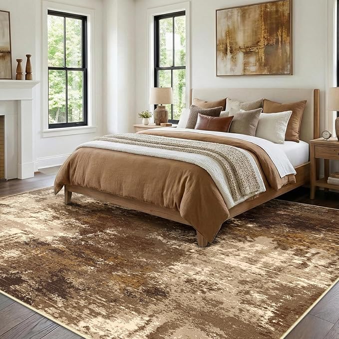 Washable Area Rugs 8'x10' Non-Slip Modern Abstract Soft for Living Room Entryway Bedroom Nursery, Print Pattern, Brown Tan Beige Coffee