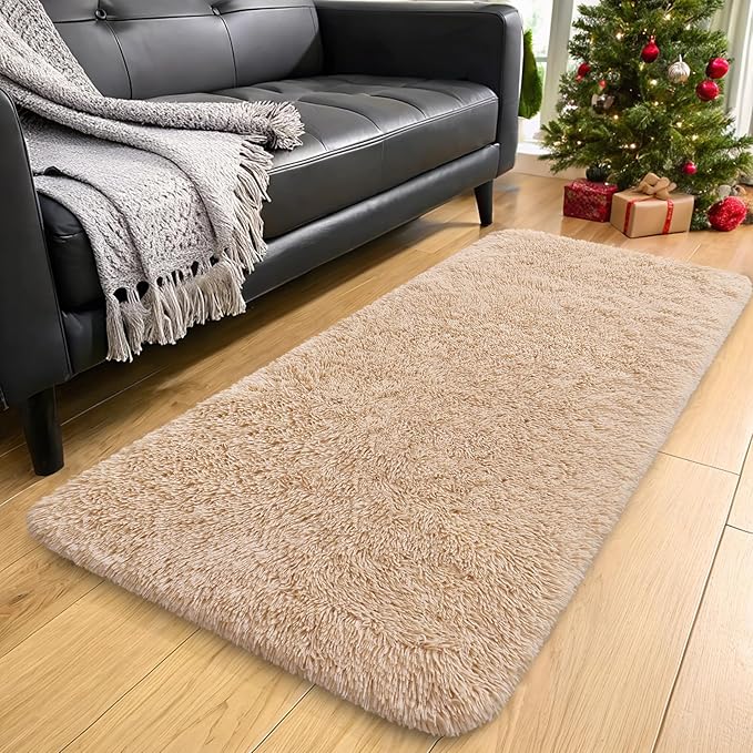 OLANLY 2x10 Machine Washable Runner Rugs for Hallway, Soft Fluffy Shaggy Bedside Rugs for Bedroom, Living Room, Indoor Floor Carpet for Kids Girls and Boys, Nursery Rooms, Home Decor Aesthetic, Beige