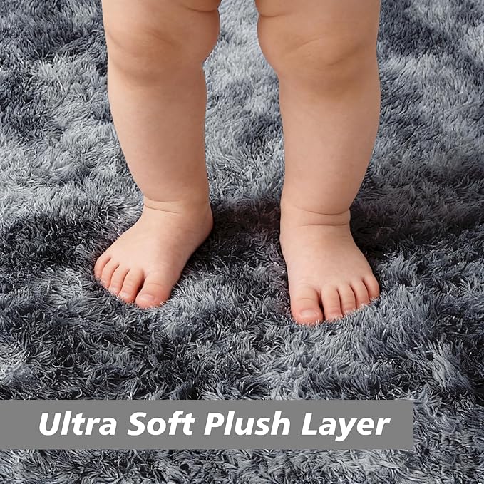 Tie-Dyed Black Fluffy Round Rug,Soft Area Rugs for Girls Room,Shaggy Rugs 6'X6' for Living Room,Non Slip Circle Rug for Kids Bedroom,Shag Plush Nursery Rug,Plush Carpet for Dorm,Cute Furry Room Decor