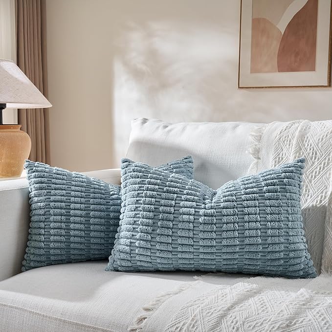 Fancy Homi 4 Packs Boho Light Blue Decorative Throw Pillow Covers 14x24 Inch for Couch Bed Sofa, Rustic Modern Farmhouse Home Decor, Soft Plush Corduroy Cute Rectangle Cushion Case 35x60 cm