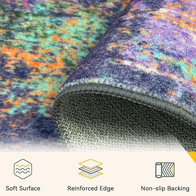 Washable Area Rugs 8ft Non-Slip Modern Abstract Soft for Living Room Entryway Bedroom Nursery, Print Pattern, Purple Orange Blue Green Rust Red Colorful