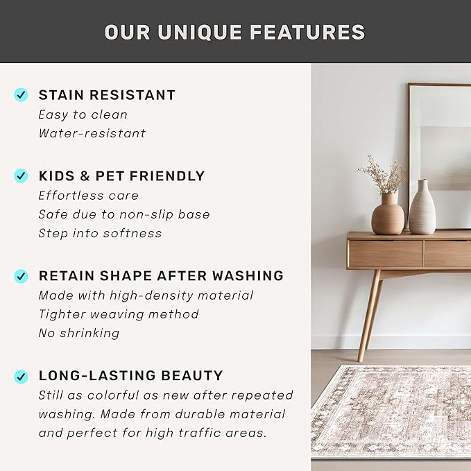 Washable Neutral Farmhouse Living Room Rug, 6x9 Area Rugs for Bedroom, Dining Room Under Table Carpet, Kids Room, Large Boho Vintage Non-Slip Floral Rugs Low Pile Stain Resistant (6x9 Beige/Latte)
