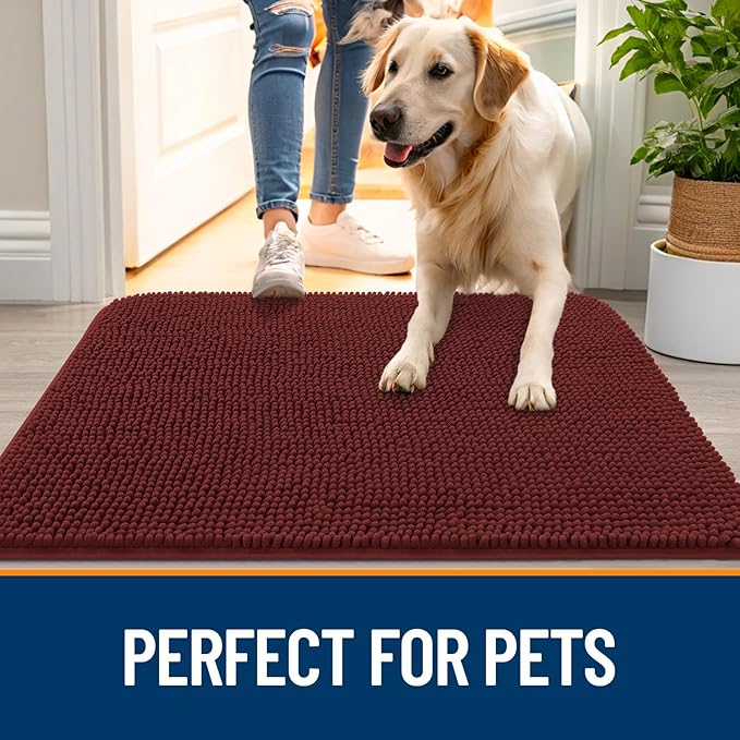 OLANLY Dog Door Mat for Muddy Paws 30x17, Absorbs Moisture and Dirt, Absorbent Non-Slip Washable Doormat, Quick Dry Chenille Mud Mat, Entry Indoor Entryway Carpet for Inside Floor, Caramel Russet