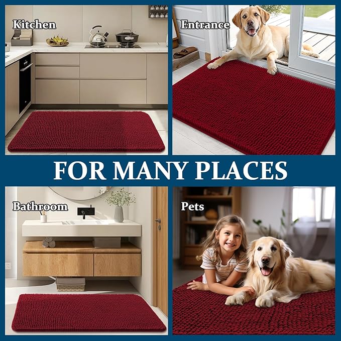 OLANLY Dog Door Mat for Muddy Paws 40x32, Absorbs Moisture and Dirt, Absorbent Non-Slip Washable Doormat, Quick Dry Chenille Mud Mat for Dogs, Entry Indoor Entryway Carpet for Inside Floor, Red