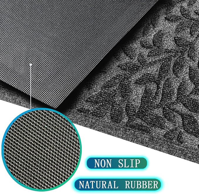 Bulijojo Sturdy Front Entrance Doormats,Durable Heavy Duty Welcome Mat,Thick Absorbent Natural Rubber Non Slip Mat,Easy Clean Entryway Mat Leaves Grey, 47" x 32"