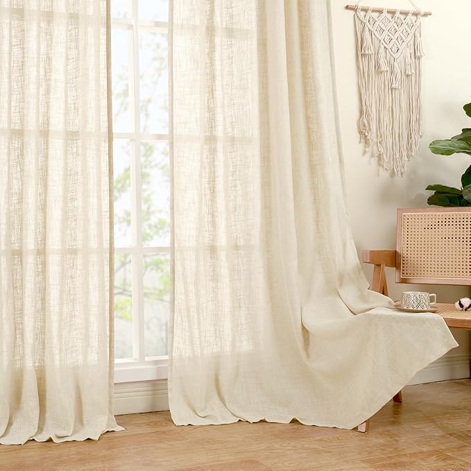 LAMIT Beige Linen Curtains for Living Room 2 Panels Set, 84 Inch Faux Linen Textured Light Filtering Drapes Back Tab and Rod Pocket Boho Panels for Farmhouse/Bedroom/Porch, 52 x 84 Inch