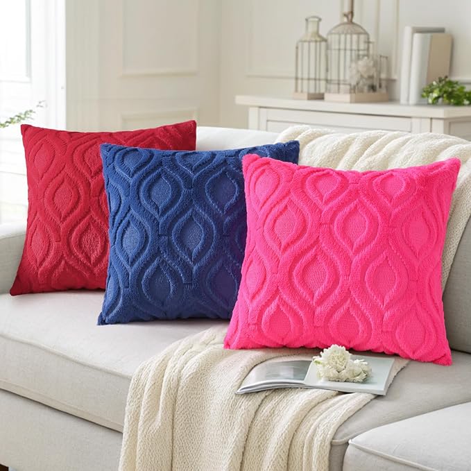 decorUhome Throw Pillow Covers 16x16 Inch Set of 2, Soft Plush Faux Wool Dark Blue Solid Couch Pillow Covers, Accent Farmhouse Neutral Square Pillow Cases for Sofa Bed Living Room