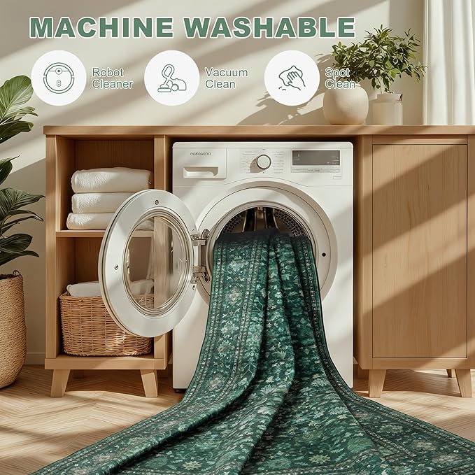 Area Rugs 9x12 Living Room Rug: Washable Rug Soft Vintage Distressed Floral Carpet Indoor Non-Slip Stain Resistant Large Carpets for Bedroom Dining Room Farmhouse Nursery Home Office Deep Green