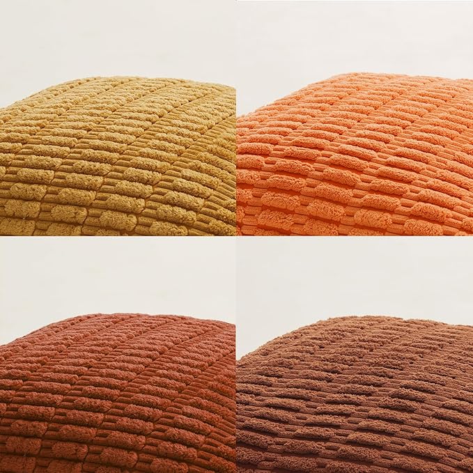 Fancy Homi Set of 4 Burnt Orange Fall Decorative Throw Pillow Covers 20x20 Inch for Couch Bed Chair, Modern Farmhouse Boho Room Decor, Soft Fuzzy Corduroy Textured Striped Cushion Case 50cm