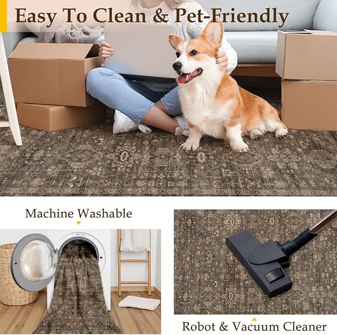 3x4 Washable Area Rug for Entryway Vintage Brown Non Slip Low Pile Carpet Traditional Retro Soft Throw Rug for Entrance Bathroom Door Mat Indoor Dorm Dining Room