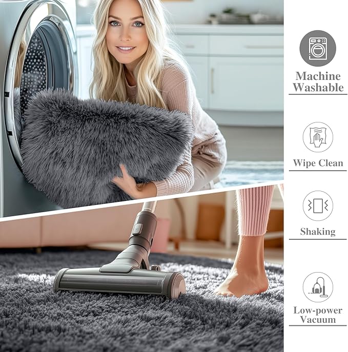 OLANLY 4x5 Machine Washable Accent Rug, Soft Fluffy Shaggy Area Rug for Bedroom, Living Room, Indoor Floor Carpet for Kids, Nursery, Home Decor, Grey