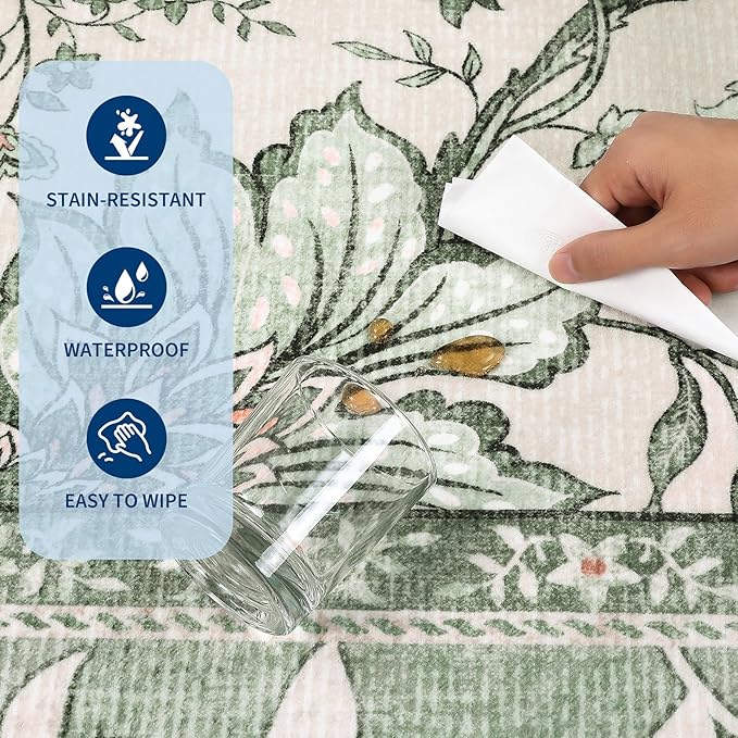 GarveeHome Provence 8x10 Area Rugs for Living Room, Botanical Grove Sage Green Cottagecore Washable Rug for Bedroom Dining Nursery Low-Pile Vintage Large Carpet