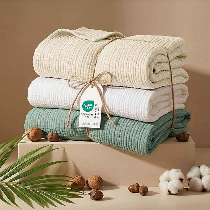 Bedsure 100% Cotton Muslin Throw Blanket Large 50x70 Inches - 4-Layer Breathable and Lightweight Thin Soft Summer Gauze Muslin Blankets for Adults, Grey, Boho Cotton Throw for Couch