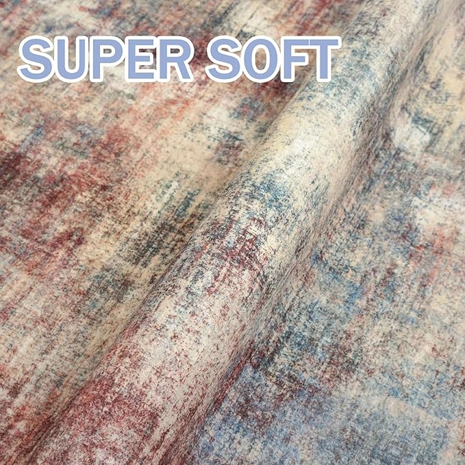 IOHOUZE Abstract Area Rug 4x6 Ft Washable Rugs for Entryway Indoor, Non Slip Small Living Room Rugs Printed Faux Wool Throw Rug, Floor Carpet for Kitchen Nursery Playroom, Red/Multi