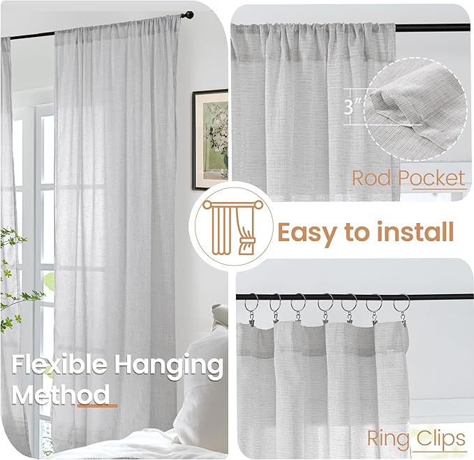 BGment Extra Long 108 Inch Length Curtains for Living Room Windows, Linen Light Gery Drapes Rustic Country Textured for Farmhouse Bedroom Decor Lightweight Rod Pocket, 2 Panels Set, Each 52 Inch Wide