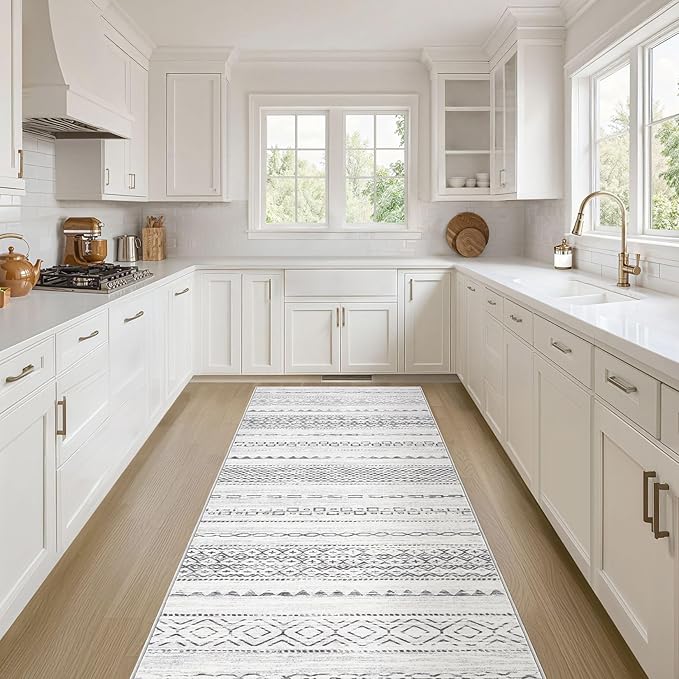 Nakagishi Runner Rug Kitchen Washable Rugs: 3x8 Non-Slip Boho Soft Modern Stain Resistant Indoor Floor Neutral Farmhouse Throw Carpet for Hallway Bathroom Laundry Room Entryway Bedroom- Grey