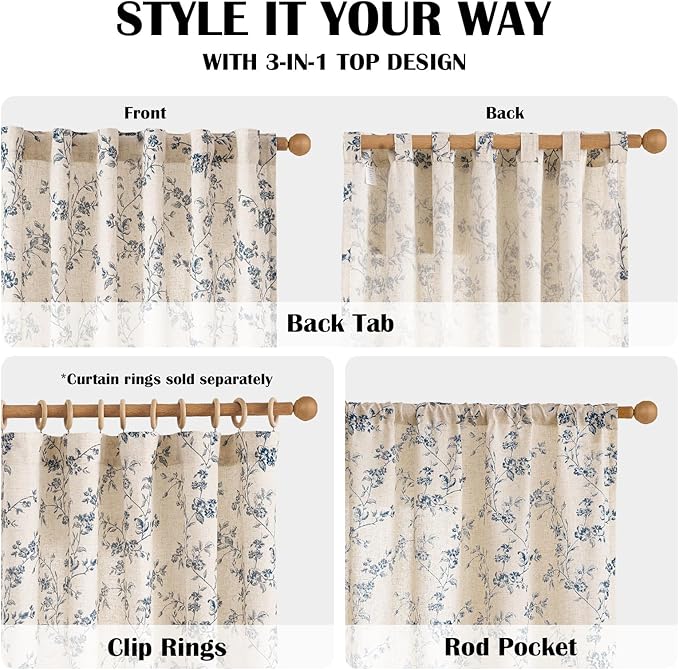 Lazzzy Blue Floral Linen Curtains 90 Inch Farmhouse Back Tab Drapes for Living Room Bedroom Light Filtering Vintage Grandmillennial Rod Pocket Curtains, 2 Panels, W38 x L90, Blue on Beige