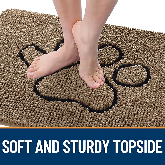 OLANLY Dog Door Mat for Muddy Paws 70x24, Paw Print Design, Absorbs Moisture and Dirt, Absorbent Non-Slip Washable Doormat, Quick Dry Chenille Mud Mat for Dogs, Entry Indoor Entryway Carpet, Tan