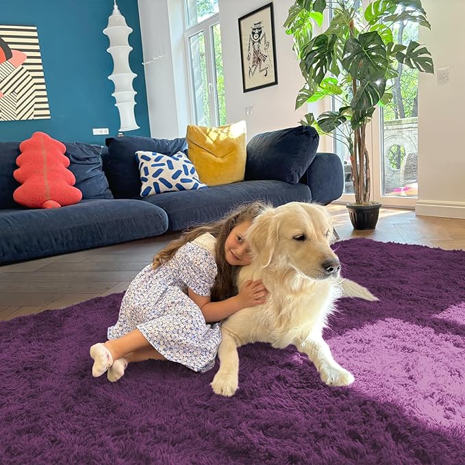 OLANLY 8x10 Machine Washable Large Area Rugs for Living Room, Bedroom, Soft Fluffy Shaggy Bedside Rug, Indoor Floor Carpet for Kids Girls and Boys, Dorms, Home Decor Aesthetic, Dark Purple