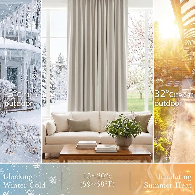 PONY DANCE Rod Pocket and Back Tab Blackout Curtains for Bedroom - Thermal Insulated Room Darkening Drapes for Living Room, 42x63 inch, 2 Window Curtain Panels, Cream