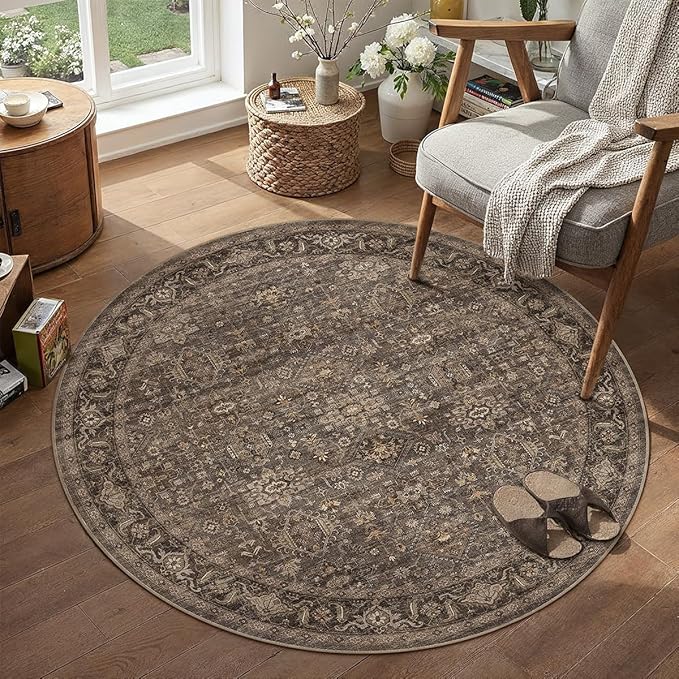 3x3 Washable Round Rug for Entryway Vintage Brown Non Slip Low Pile Carpet Traditional Retro Soft Cirlce Rug for Entrance Bathroom Door Mat Indoor Dorm Dining Room