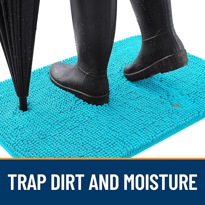OLANLY Dog Door Mat for Muddy Paws 59x20, Absorbs Moisture and Dirt, Absorbent Non-Slip Washable Doormat, Quick Dry Chenille Mud Mat for Dogs, Entry Indoor Entryway Carpet for Inside Floor, Aqua Blue