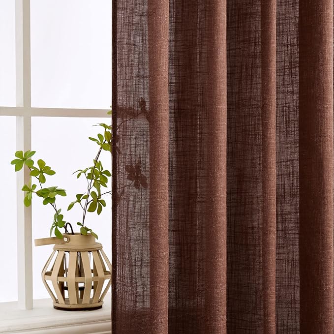 MIULEE Chocolate Brown Linen Curtains 90 Inch Long for Bedroom Living Room, Soft Thick Linen Textured Window Drapes Semi Sheer Light Filtering Back Tab Rod Pocket Burlap Look Decor, 2 Panels