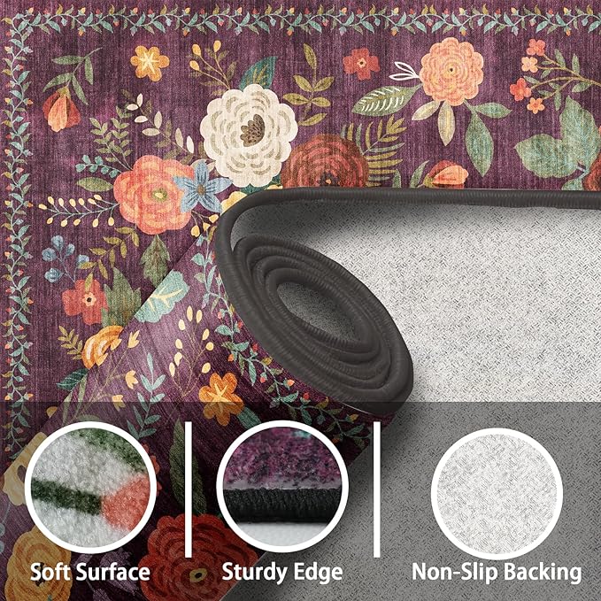 Floral Hallway Runner Carpet Non-Slip, 2x10 Washable Rug Ultra-Thin Soft for Hallways, Kitchen Mat Stain Resistant for Entryway Bathroom (2 x 10, Purple Lawn)