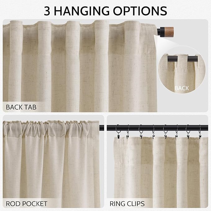Boho Linen Curtains for Living Room 94 Inches Long Light Filtering Semi Sheer Curtain Back Tab Boho Eclectic Home Decor Elegant Luxury Farmhouse Drapes for Bedroom Dinner Room 52x94, 2 Panels