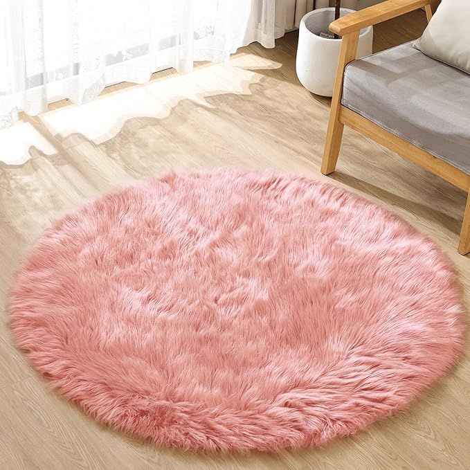 ORINOVA Pink Washable Fluffy Circle Rugs for Bedroom Small Faux Sheepskin Shag Fur Round Rugs 4ft Nursery Rug Cute Room