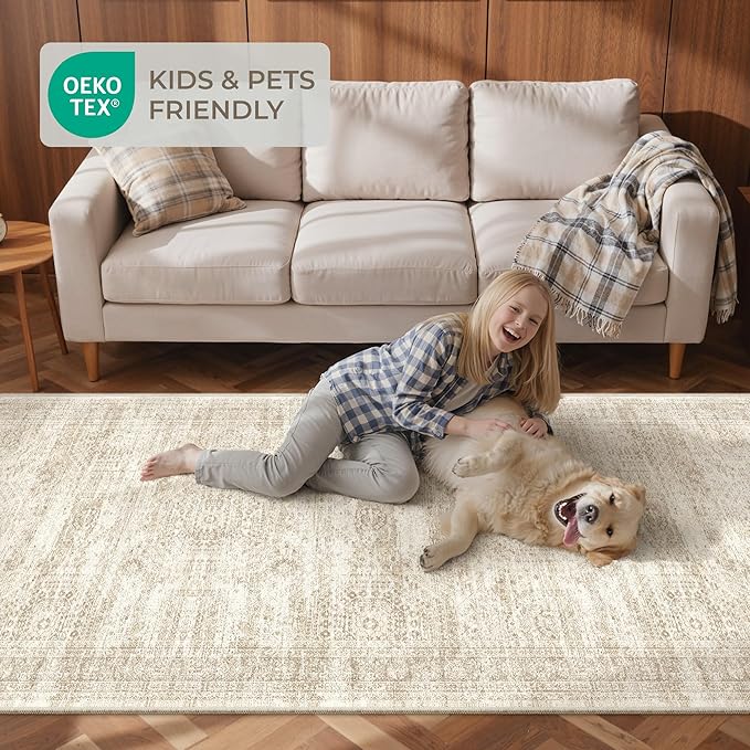 3x4 Washable Area Rug for Entryway, Soft Kitchen Rugs Non Slip for Dining Room, Vintage Abstract Living Room Rug, Thin Area Rugs Indoor for Bedroom, Kids Room Decor(3'x4', Beige/Ivory)