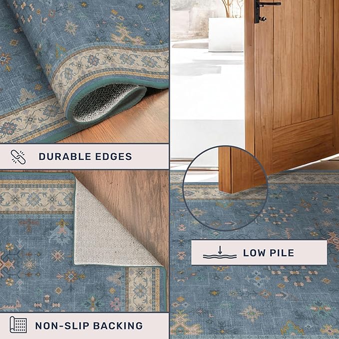 Boho 6x9 Living Room Rugs - Modern Dark Blue Dining Room Rug for Under Table, Lightweight Washable Foldable Low Pile Carpet, Eclectic Floral Bedroom Décor Aesthetic
