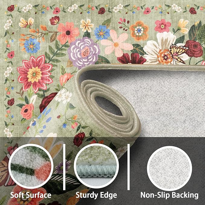 Floral Hallway Runner Green Carpet Non-Slip, 2x10 Washable Rug Ultra-Thin Soft for Hallways, Kitchen Mat Stain Resistant for Entryway Bathroom (2 x 10, Green Garden)