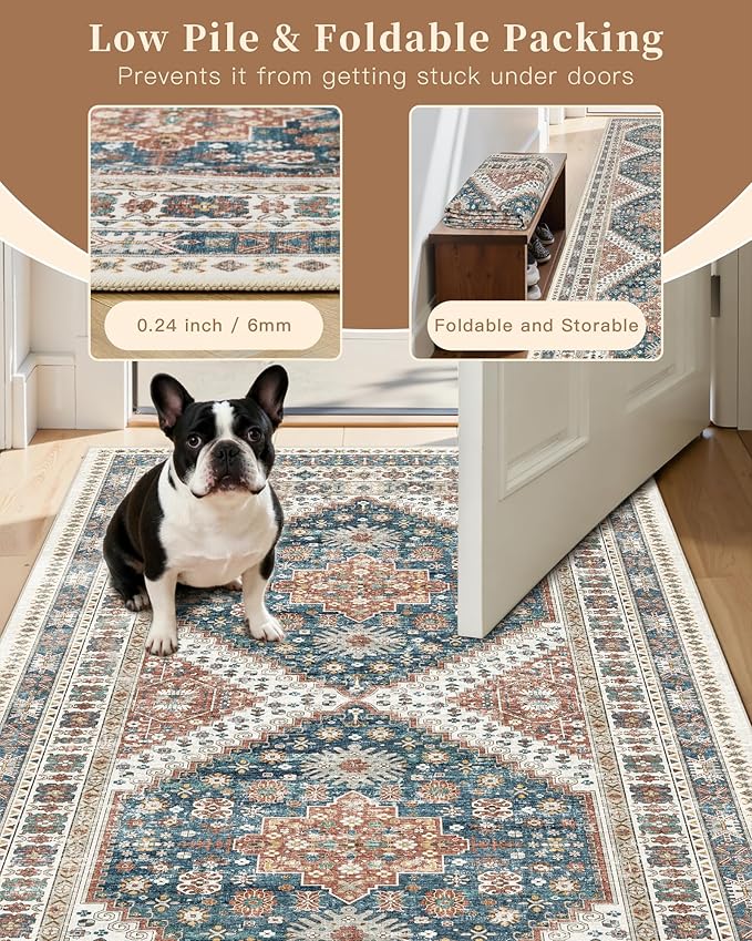Madane Washable Runner Rug - 2x6 Rug Runners for Hallways 6 Feet Non Slip Vintage Kitchen Runner Rug Ultra-Thin Bathroom Runner Rugs Carpet Laundry Room Bedroom (2x6ft, Navy Blue)