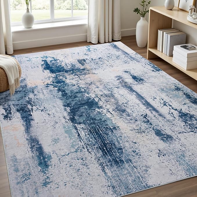 Toneed Abstract Area Rug Modern Washable Rug Soft Non Slip Rug Low Pile for Bedroom Living Room Dining Room Dusty Teal Grey 4x6 Feet