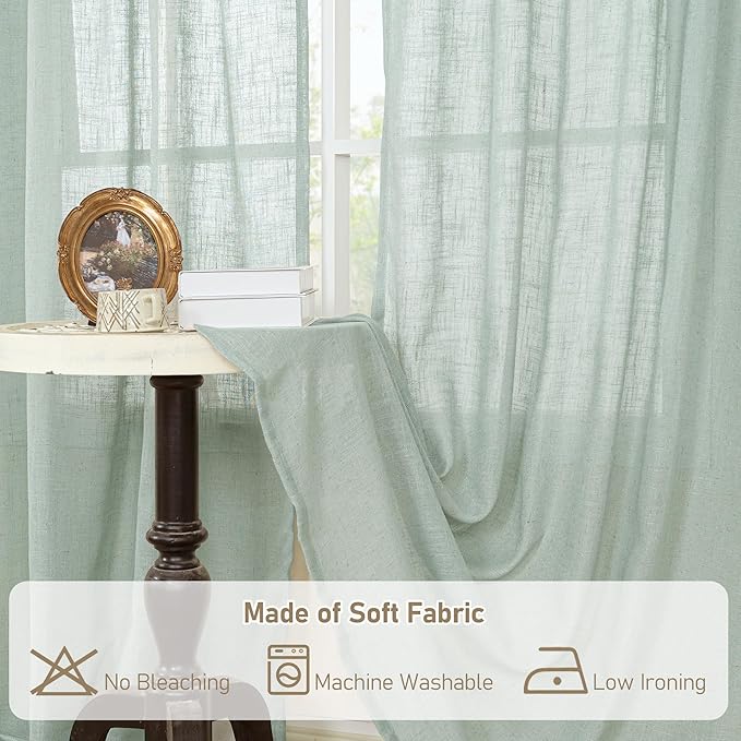 LAMIT Faux Linen Curtains 63 inches Long for Bedroom, Back Tab and Rod Pocket Linen Drapes Light Filtering Semi Sheer Curtains for Small Window/Farmhouse, 2 Panels (52 x 63 Inch, Light Sage)