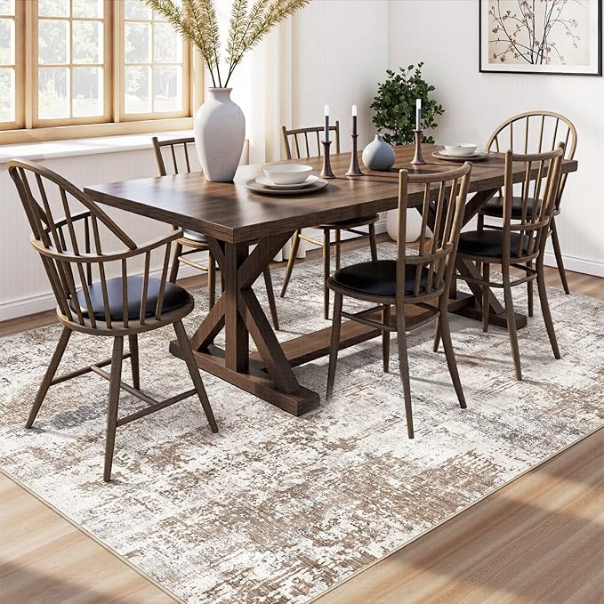 UERMEI Area Rug Living Room Rugs - Washable Neutral Modern Abstract Soft Thin Rug Indoor Floor No Slip Rug Carpet for Bedroom Under Dining Table Home Office Decor - Brown/Grey/Red - 8x10