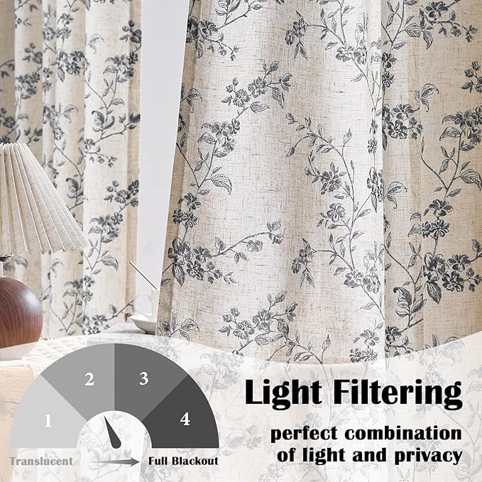 Lazzzy Farmhouse Linen Curtains Black Floral Curtains 96 Inch Length Back Tab Drapes for Living Room Bedroom Light Filtering Country Vintage Rod Pocket Curtain, 2 Panels, Black on Beige