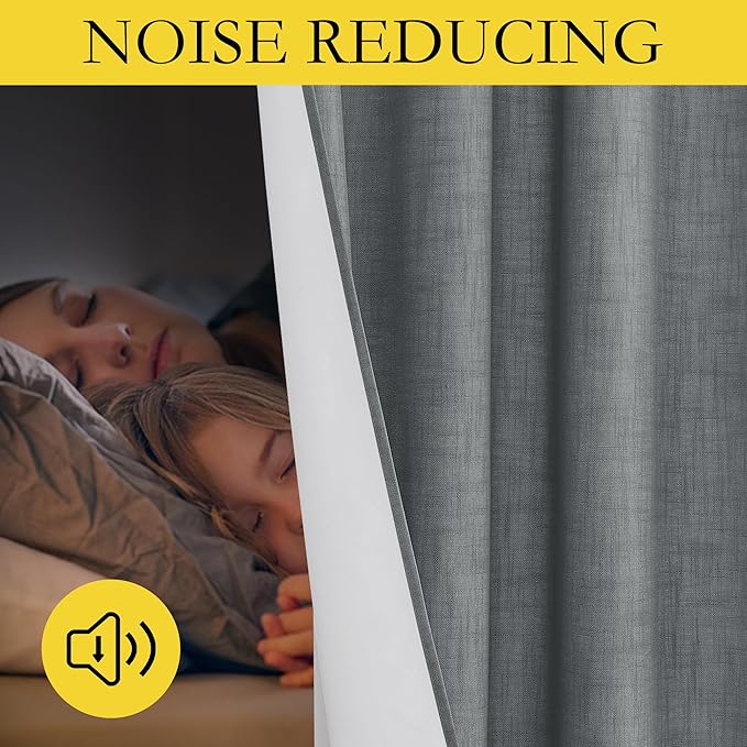 NICETOWN 100% Absolutely Blackout Linen Curtains with Thermal Insulated White Liner, Dove Grey, W52, 2 Pieces, Noise Reducing Textured Linen Look Curtains for Windows 102 inch Length for Classroom