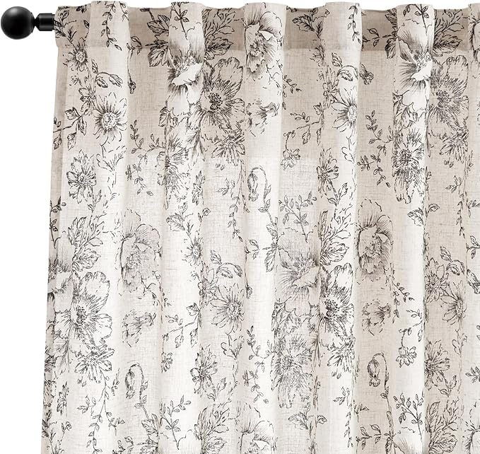 jinchan Floral Curtains for Living Room 84 Inch Length Farmhouse Printed Curtain Rod Pocket Back Tab Black Peony Flower Patterned Drapes Bedroom Window Curtains Set 2 Panels 25% Linen 75% Polyester