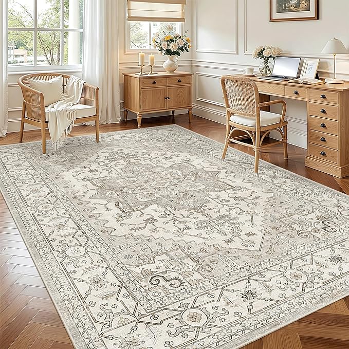 Madane 6x9 Area Rugs for Living Room, Stain Resistant Washable Rugs, Non-Slip Backing Area Rug, Vintage Home Decor Rug for Bedroom (Beige/Brown, 6'x9')