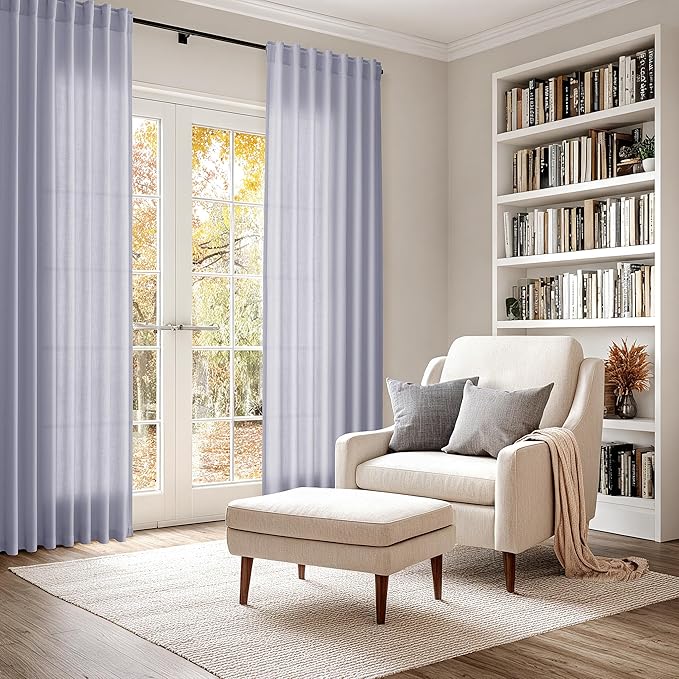 Nanspring Lavender Purple Linen Curtains 90 Inches Long for Living Room Boho Decor Light Filtering Semi Sheer Curtain Back Tab and Rod Pocket Modern Luxury Drapes for Bedroom Office 52x90, 2 Panels