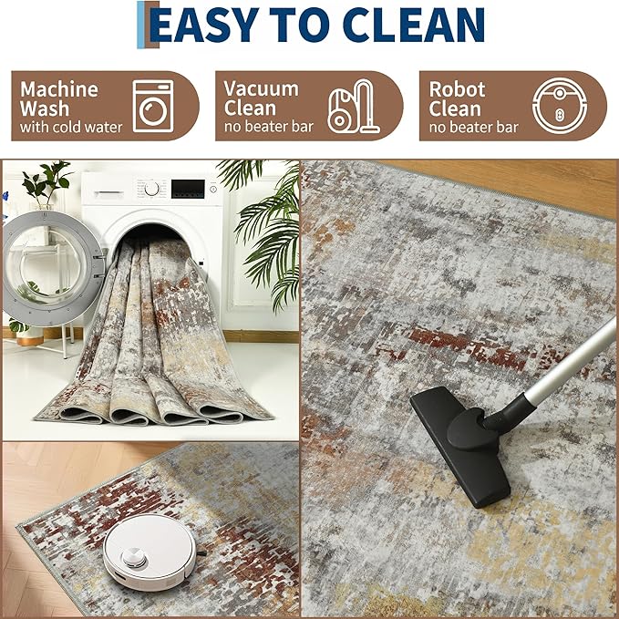 Living Room Rug 9x11 Beige Area Rugs Machine Washable Abstract Boho Large Rug Non-Slip Non-Shedding Faux Wool Indoor Vintage Carpet for Bedroom, Classroom, Dining Room, Kids Playroom