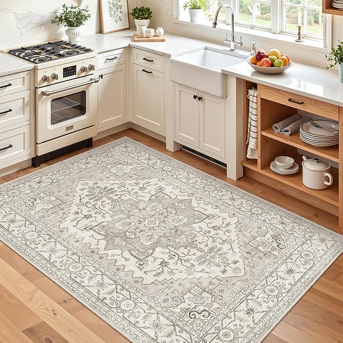 Madane Area Rug 4x6 Washable Rugs: Vintage Living Room Rug Soft Low Pile Non Slip Area Rugs Distressed Indoor Floor Carpet for Bedroom Kitchen Dining Room Home Decor, Beige/Brown
