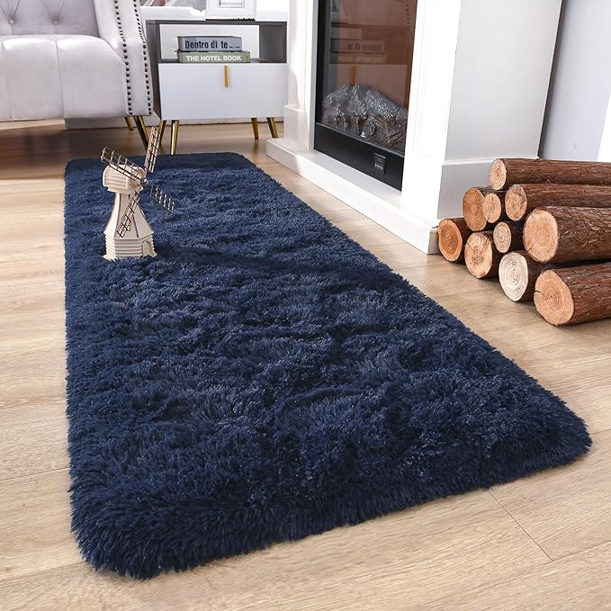 Chicrug Soft Runner Rug for Bedroom Living Room Plush Fluffy Rug 2x6 Feet, Shag Furry Runner Area Rug Carpet Non Shedding for Nursery Children Kids Girls Room Home Decorative, Navy Blue