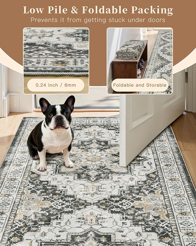 Madane 4x12 Wide Hallway Runners: Washable Runner Rug for Entryway Living Room Soft Vintage Non Slip Carpet Runner for Kitchen Dining Room Nursery Bedroom Thin Area Rug (Black,4x12ft)