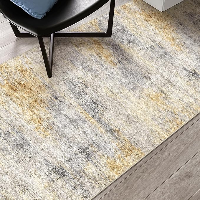 3x4 Washable Entryway Area Rug: Modern Abstract Small Runner Rug for Hallway Soft Non Slip Door Mat with Rubber Backing Low Pile Thin Floor Carpet for Kitchen Bathroom Bedroom Indoor 3x4 Grey/Yellow