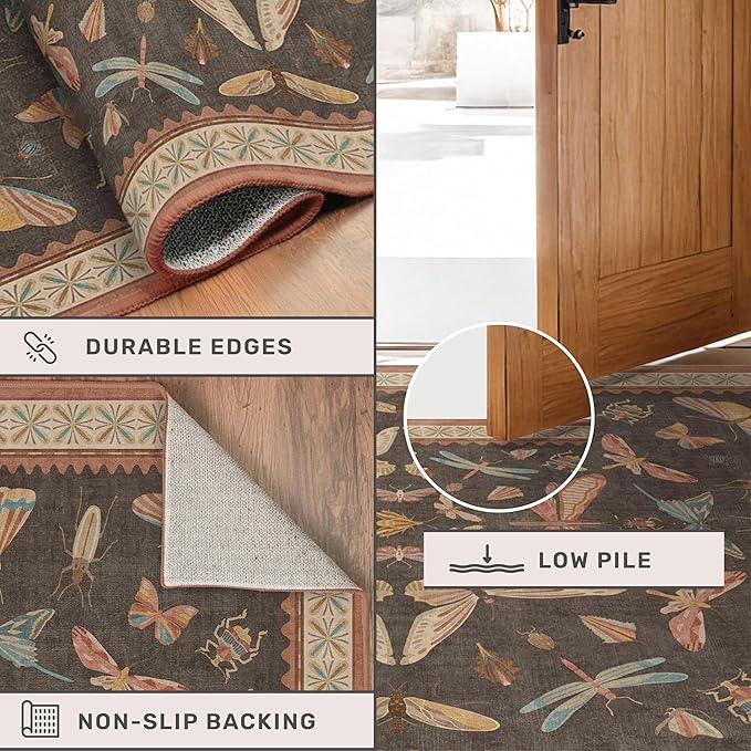 Vintage 2x3 Entry Way Rugs Indoor, Stain Resistant Washable Kitchen Rugs Non Slip, Small Soft Carpet for Bathroom, Powder Room, Insect Boho Indoor Décor, Low Pile & Stain Resistant (Orange and Brown)